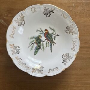 Vintage Figgjo Flint Norway Parrot Bird Bowl Gold Rim Floral 9.5" Retro Cottage